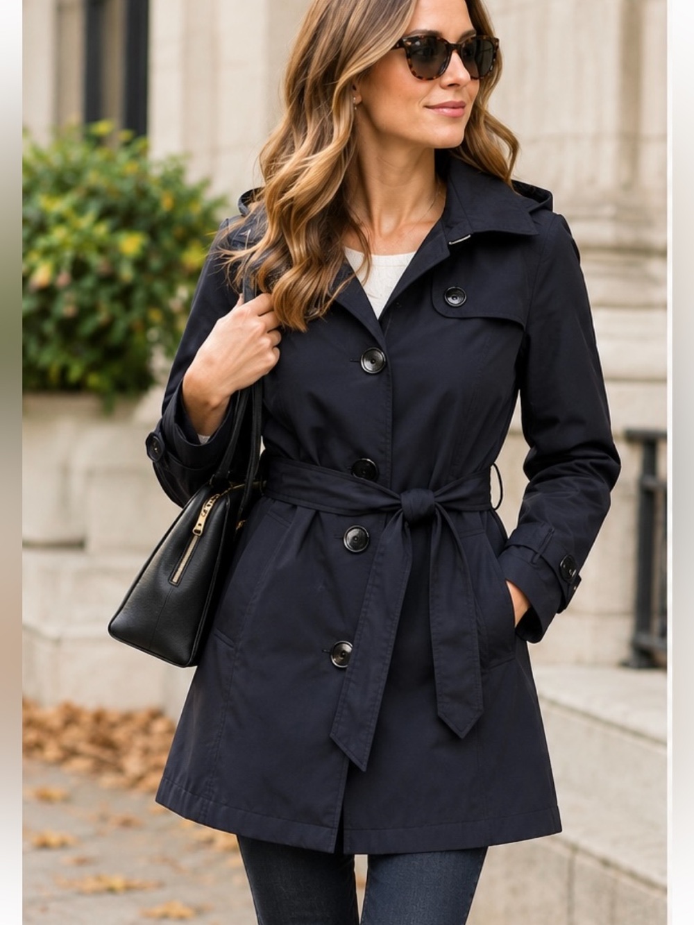 Tally Ho Outerwear Fall Navy Blue Hooded Trench Coat with Waist Tie Size Small